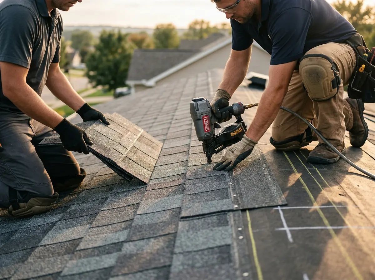 Professional roofer working on a residential roof in Middlesex